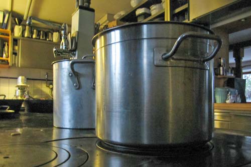 The soup is at the wood stove